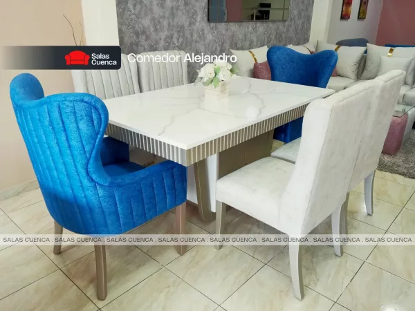 COMEDOR ALEJANDRO 6 SILLAS PLATA + AZUL MARINO