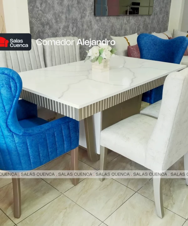 COMEDOR ALEJANDRO 6 SILLAS PLATA + AZUL MARINO