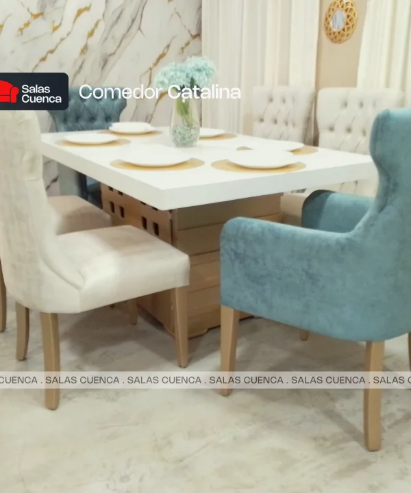 COMEDOR CATALINA 6 SILLAS BEIGE + VERDE HUMO